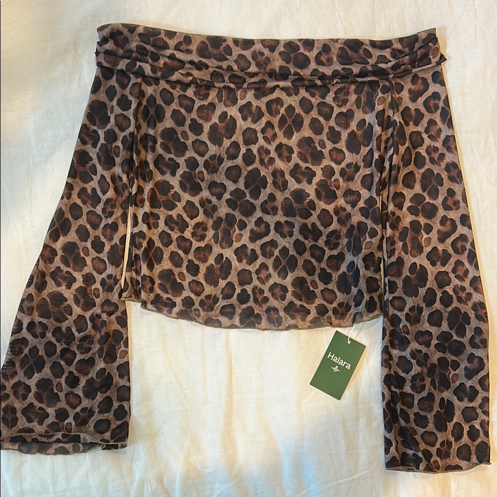 Halara Leopard Off-Shoulder, Bell- Sleeved Top (Brown & Black Leopard Print)